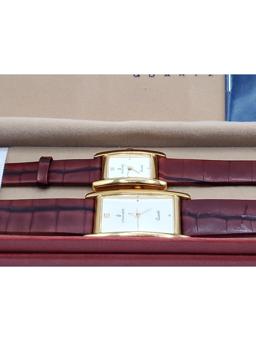Man & Woman D'SIGNER Quartz Brown Band Watch Set New Batteries Gold Tone